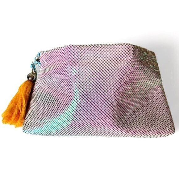 NWT BCBGeneration Silver Chainmail Clutch Metallic Orange Tassel Small Party - Picture 5 of 8